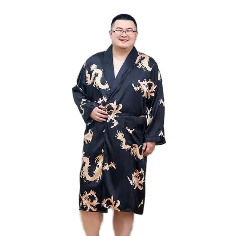 Plus Size 5XL Kimono Robe Luxury Men\'s Silky Long Sleeve Dragon Printing Dressing Gown Bathrobe Sleeprobe Male Lounge Home Wear