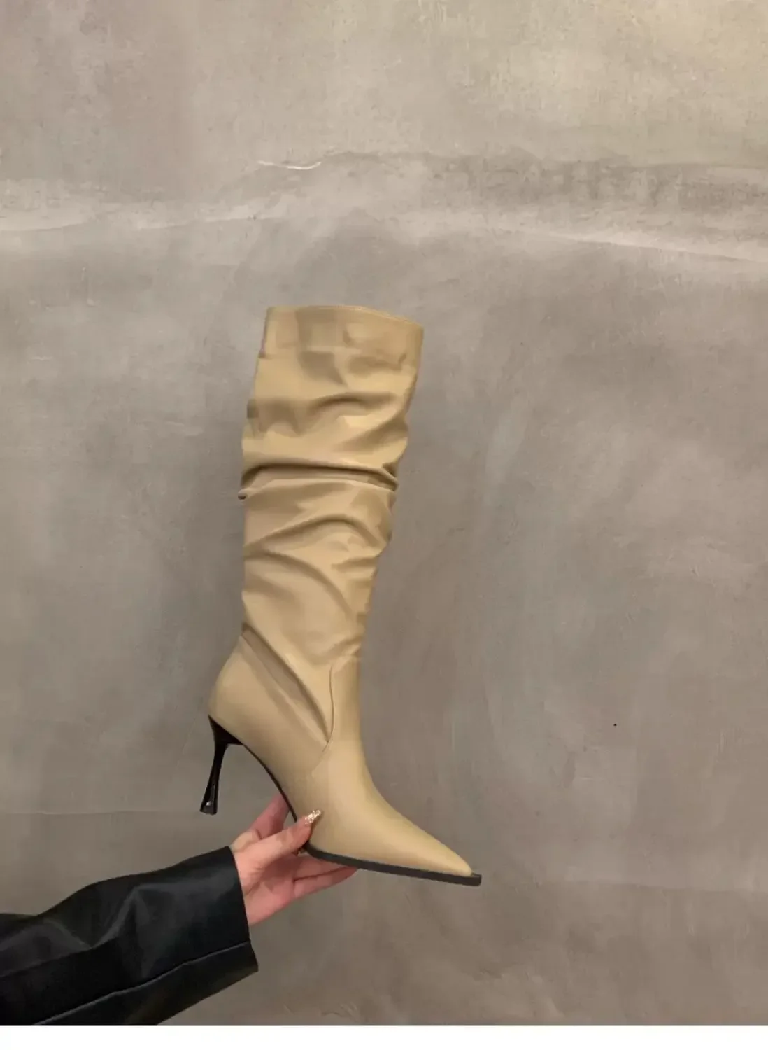 Plissierte Spitze Damen Langstiefel Street-Style High Heels Party-Stripper Damen Leder High Booties – Detail 15