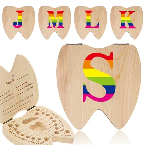 

Wooden Kid Tooth Storage Case Creative Keepsake Souvenir Recording Teeth Information For Kid Lost Tooth Rainbow Letter Pattern