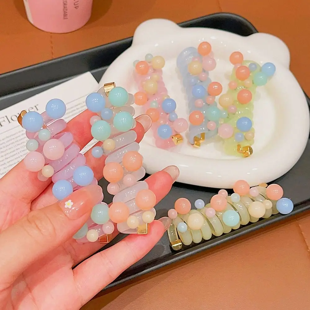 Beads Telephone Line Hair Rope Straight Elastic Transparent Ponytail Holder Korean Style Rubber Band Pearl Hair Ring
