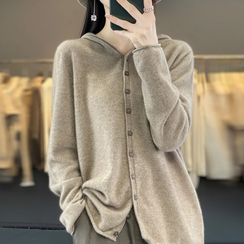 Fall/Winter 2024 New 100% Merino Sweater Women\'s Hooded Cardigan Loose Sweater Long Sleeve Button Knitted Sweater Jacket