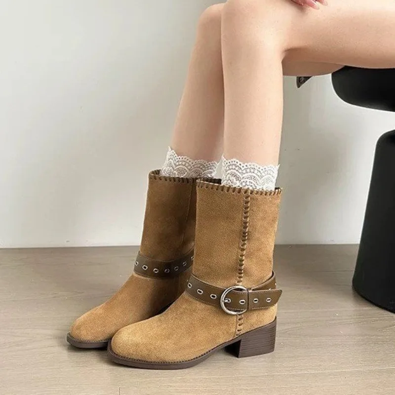 كتلة كعب أحذية واحدة المرأة موضة ساحة تو الجلد المدبوغ مشبك معدني سيارة غرزة المضادة للانزلاق مقاومة للاهتراء منتصف أنبوب الأحذية #1