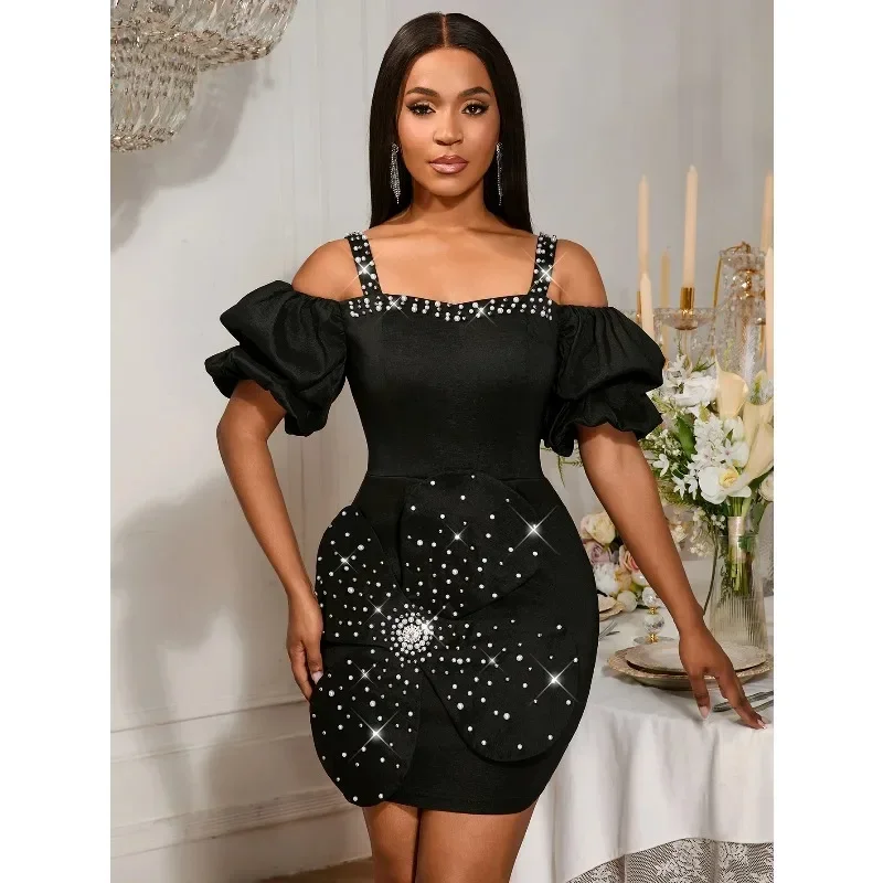 African Black Off Shoulder Mini Dress with Puff Sleeves Rhinestone Decorated Straps 3D Flower Embroidered Flares Bodycon Dresses