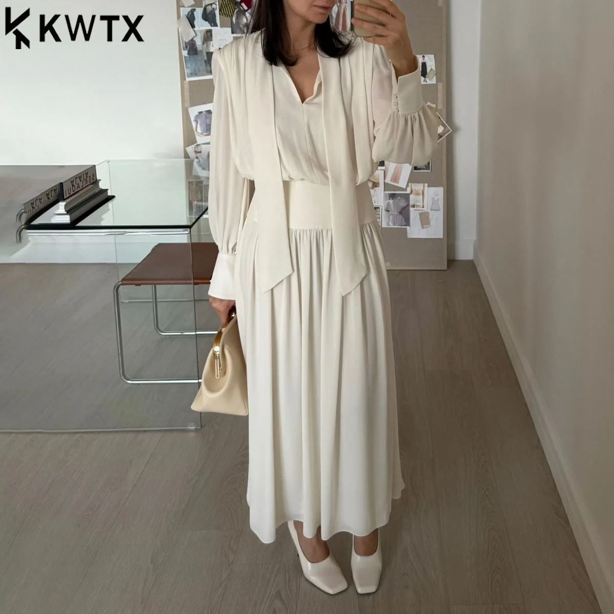 

KWTX Elegant Women 2 Piece Set Chiffon V-Neck Blouse Pleated Skirt Office Party Premium Outfit Design Spring Summer 2026