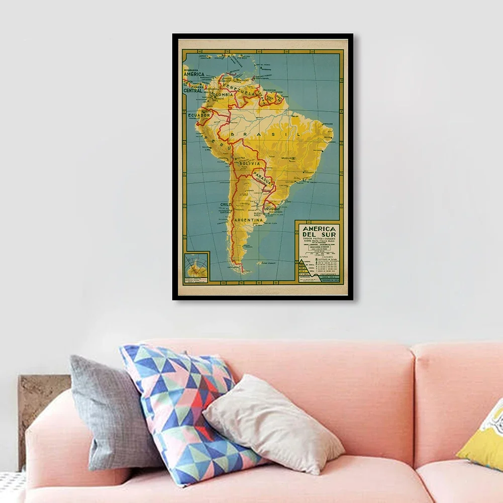 59*84cm Political Map of The South America Retro Canvas Painting Wall Art Poster Unframed Prints Home Decor Kids School Supplies