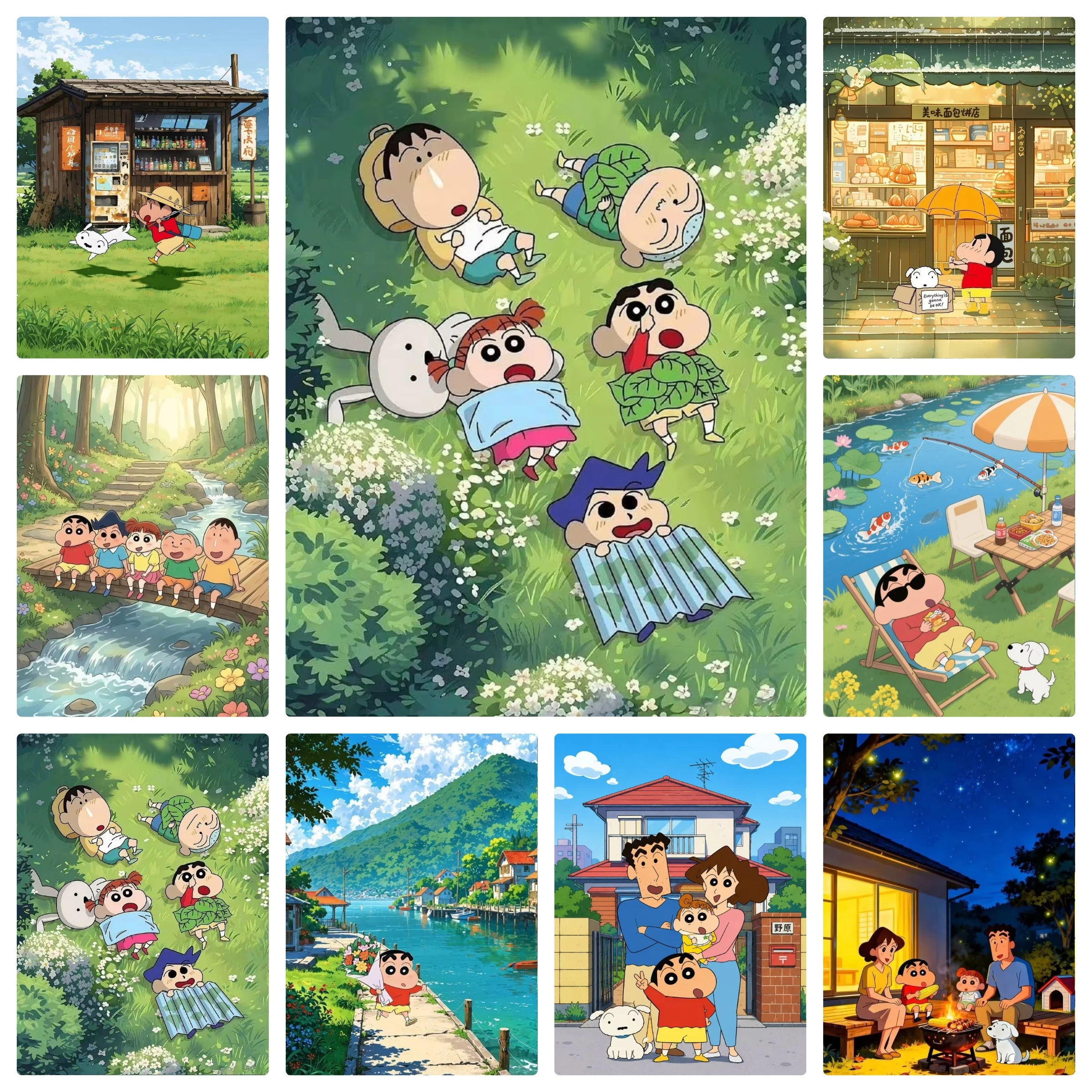 DIY Crayon Shin-chan Sommerstadt-Landschaft Diamantmalerei Moderne Wanddekoration für Wohnzimmer und Schlafzimmer
