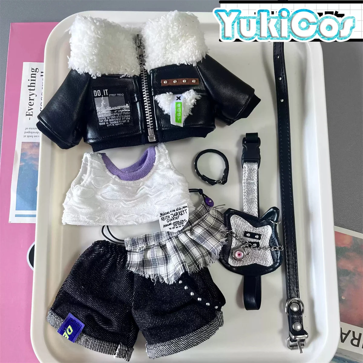 Kpop Idol Rock Star Band Guitarist Boy Girl Unisex Leather Costume Plush 20cm Doll Accessories Doll's Clothes PPS