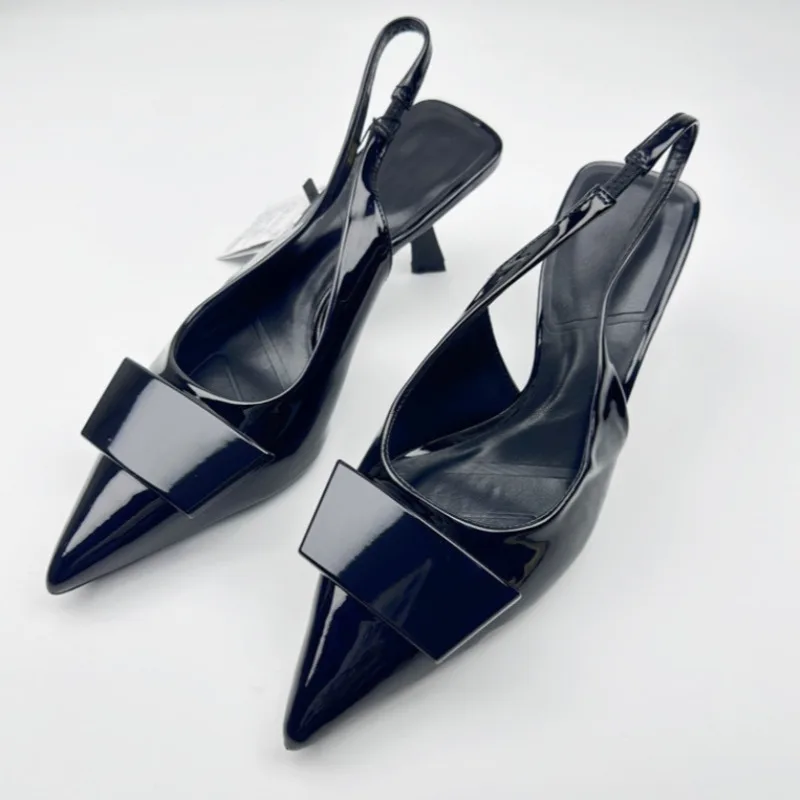 Pointed Toe Women Dress Shoes Black Patent Leather Summer Ladies Slingback Stilettos 2025 New Fashion Ladies High Heeled Sandals