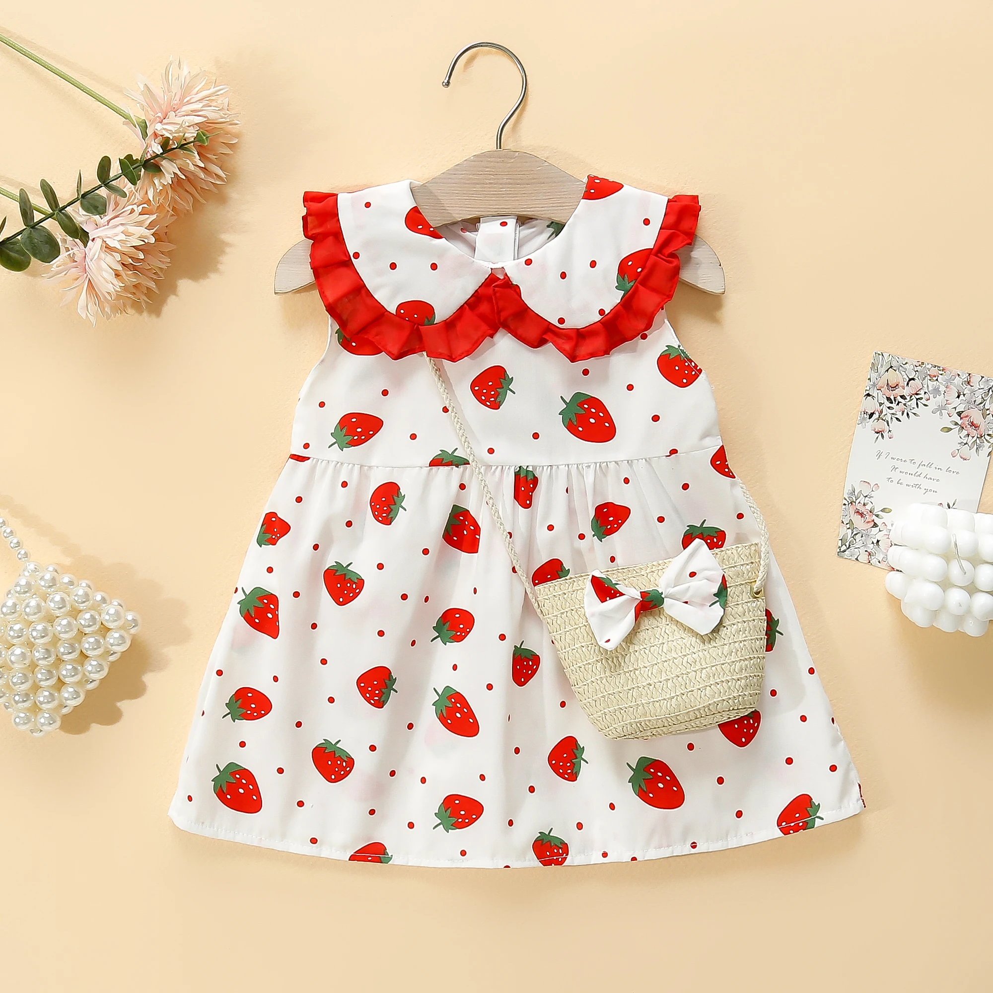 Girls\' Dress Bag 2/Piece Set Summer Little Girl Big Collar Full of Strawberry Dot Printed Princess Dress