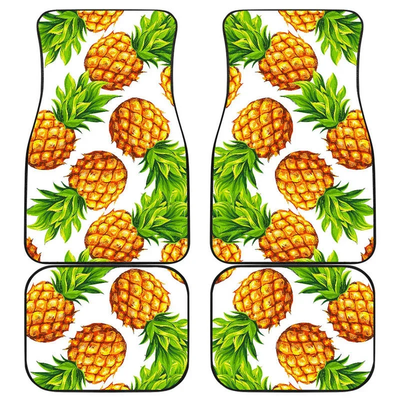 White Summer Pineapple Pattern Print Front and Back Car Floor Mats Heavy Carpet Front and Rear Full Set 4PCs Pack