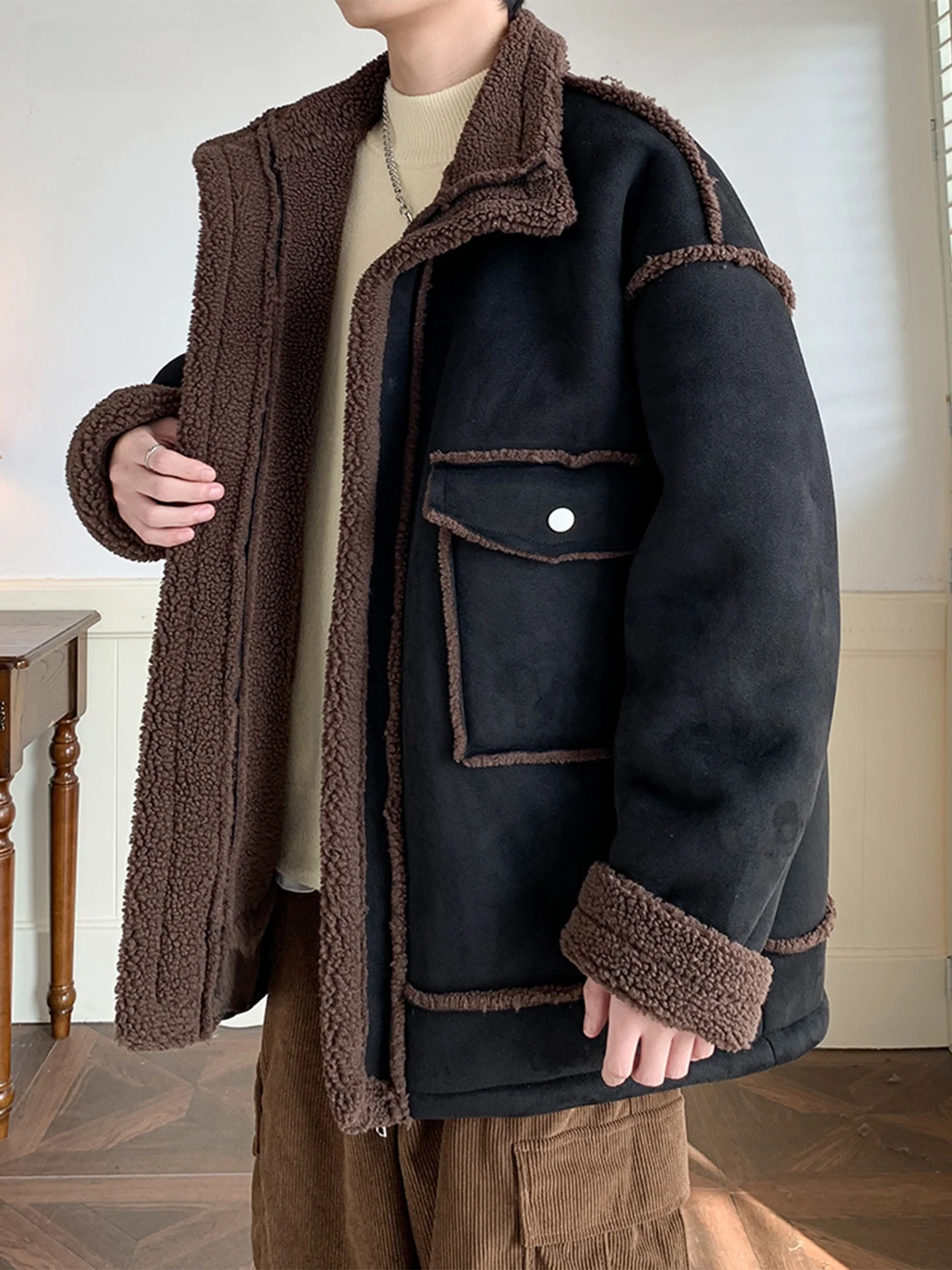 Lamsfluweel Thiened Heren Jaet Winter Warm Los Plus Size Katoenen Jas Trendy Amerikaans Sle Bont En Leer Geïntegreerd C...