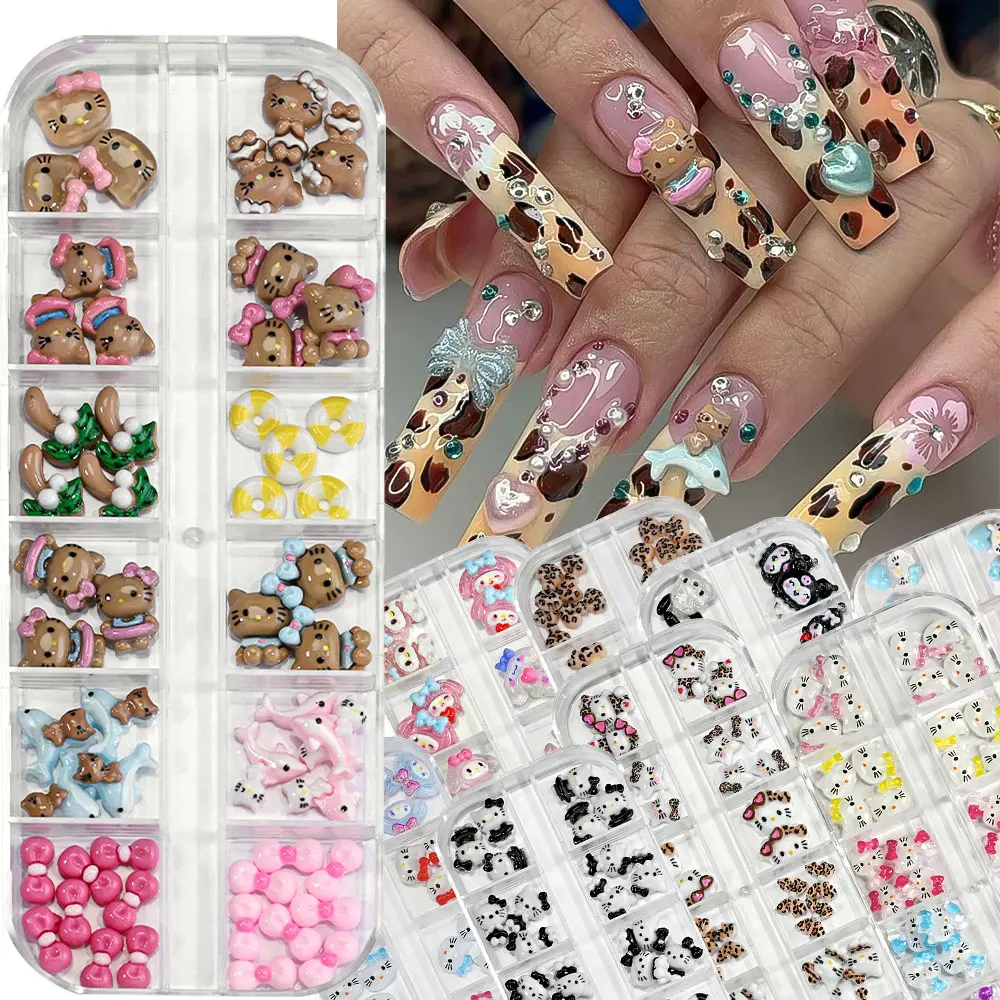 12Girds ثلاثية الأبعاد أسود أبيض كيتي القط لطيف الكرتون مسمار السحر القوس دولفين هوتي مرحبا كيتي مسمار الديكور لتقوم بها بنفسك y2k KT مجوهرات أظافر