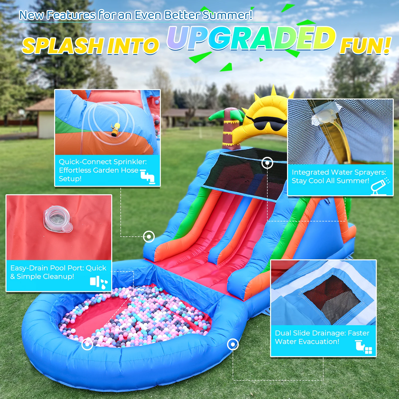 منزلق مائي قابل للنفخ، منزل ترتد تجاري مع منزلق مائي PVC ومنفاخ هواء بقدرة 1100 وات لحمام فقاعات ملعب للأطفال