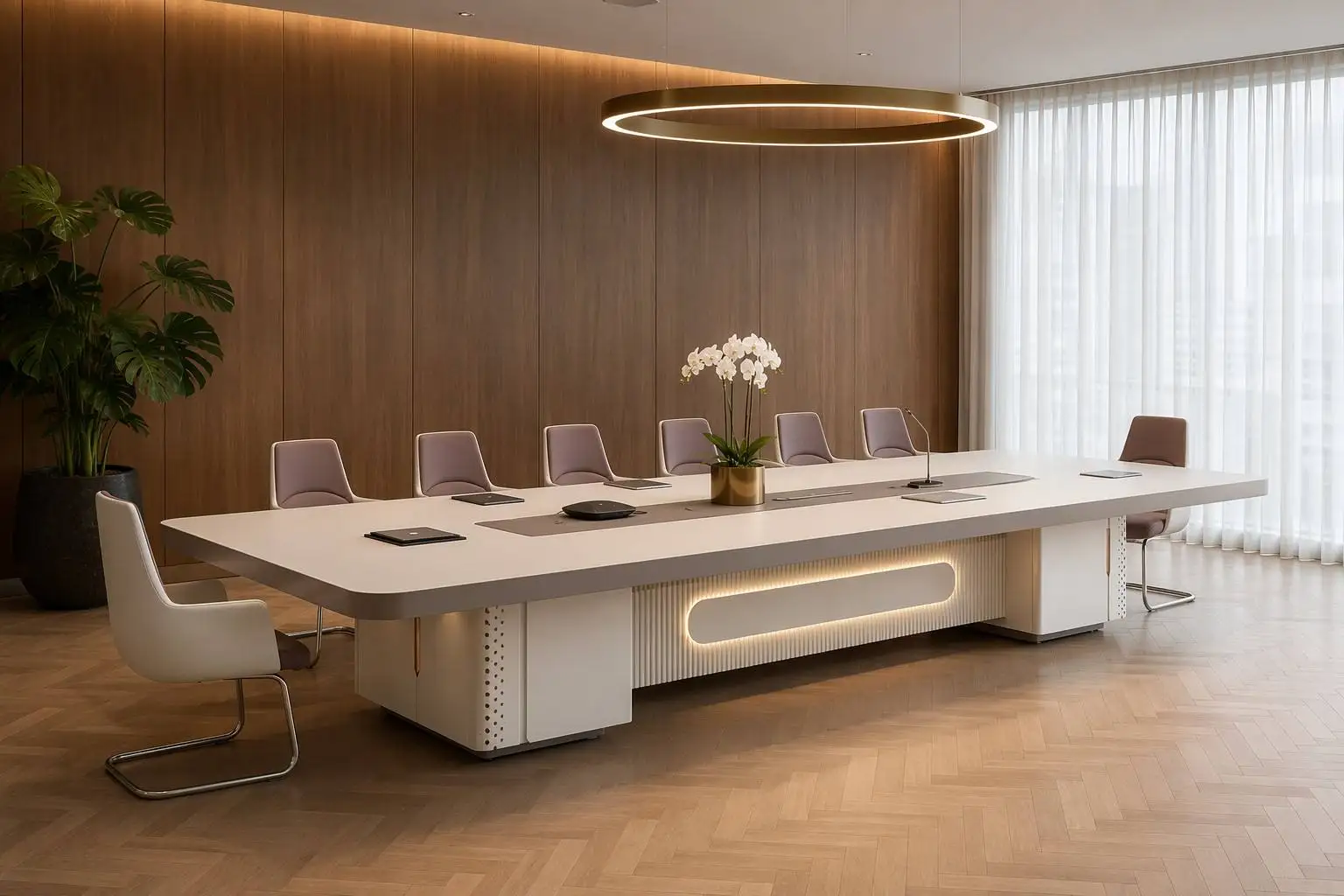 Luxury Conference Table E0 Board LED Light Built-in Power Strip 50mm Top Aluminum Corner Large Meeting Desk OEM Custom Size