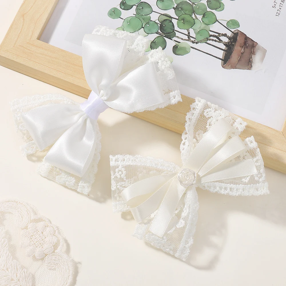 

2Pcs/Lot White Lace Hair Bows for Girls Wedding Headwear Ribbon Barrettes Kids Hairpins Clip - Hair Accessories