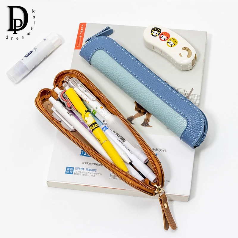 Porte-stylo en cuir PU avec fermeture éclair, étui à crayons pour étudiants, sac à stylo décontracté, stockage de papeterie, joli cadeau, évaluation, affaires de mode