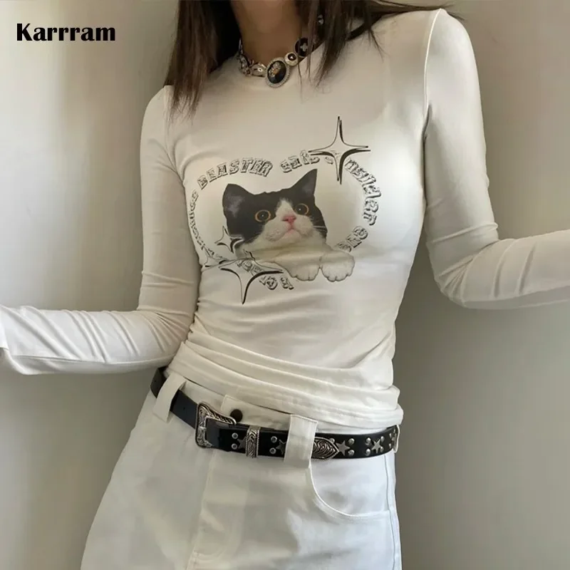 Karrram fairycore cat print t shirt Japanese Harajuku kawaii t-shirt sweet kitty graphic tee shirt Y2K aesthetics cute tops chic