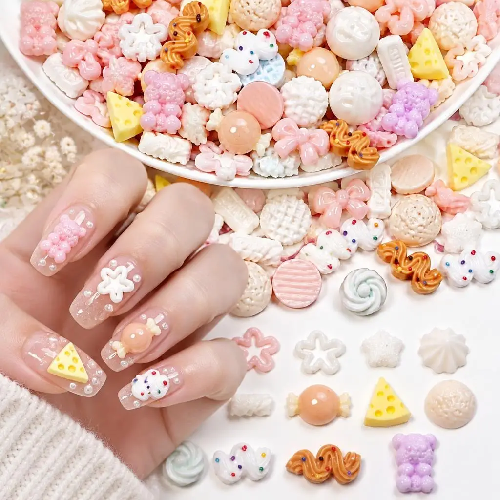 50Pcs 3D Resin Snack Nail Charms Cute Cookie Cheese Waffle Candy Bear Bow Star Nails Decorations Cream Dessert Manicure Supplies