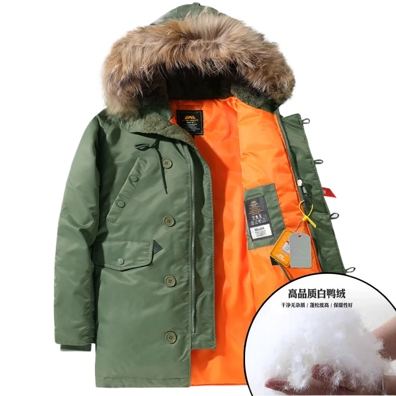 

Military Fur Hood Warm Tactical Bomber Jacket Pilot Jacket Bomber Army Korean Thick Parka Winter Puffer Men Long Parkas Coat