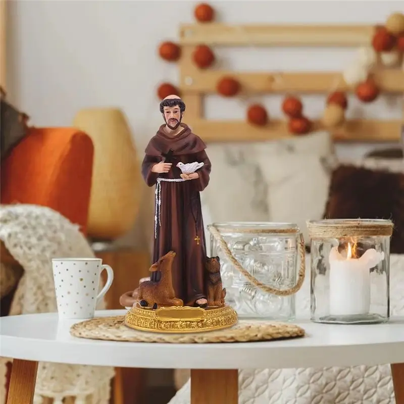 A68P-St Francis Statue Hand Painted Resin Statue Figurine With Doves Crosss Desktop Sculpture Ornament Christmas Gift Home