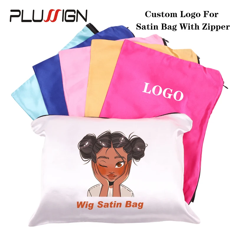 

Custom Logo Satin Wig Bag With Zipper 25X35Cm Hair Bundles Business Packaging Portable Hair Extension Bag 10Pcs Wig Storage Bags