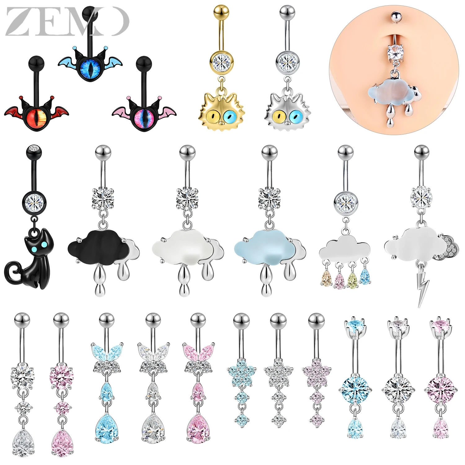 

ZEMO 1 PC 14G Punk Stainless Steel Navel Rings Women Men CZ Crystal Cool Belly Ring Bat Cat Cloud Belly Button Piercings Jewelry