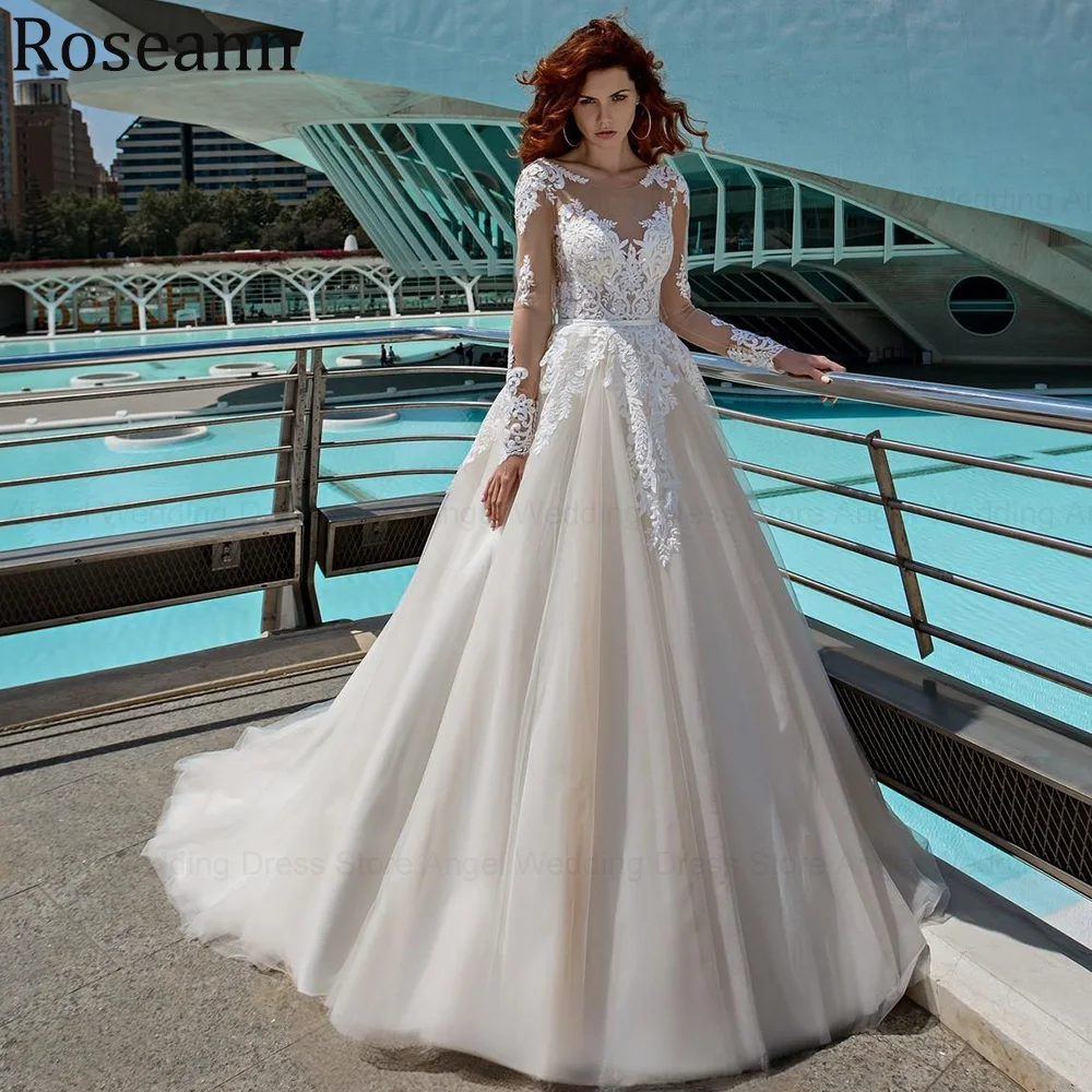 Maßgeschneidertes Vintage-Hochzeitskleid für die Braut, A-Linie, Spitze, Applikationen, Illusion, Reißverschluss, lange Brautkleider, Sweep-Zug, Vestido de Novia