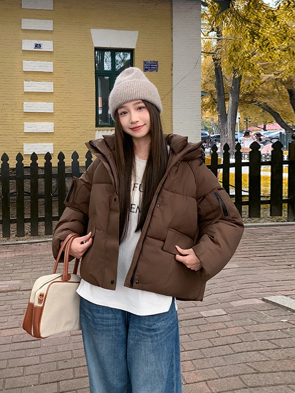 

American Retro Hooded down Cotton Jaet Women Winter New Faion Casual Thi Warm ort Outerwear High Collar Zipper Closure
