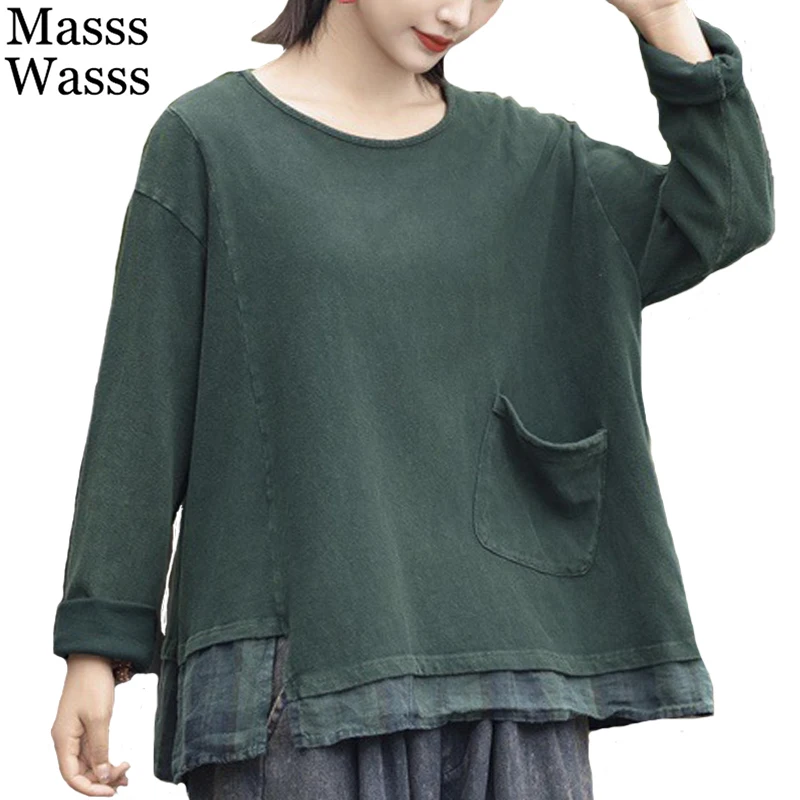 Masss Wasss Womens Autumn Fashion Clothes Loose Vintage T-Shirts Classic Patchwork O Neck British Leisure Cotton Oversized Tops