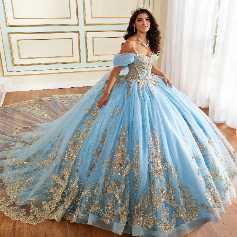 

Customized Sky Blue Shiny Quinceanera Dresses Ball Gown Off The Shoulde Gold Applique Lace Beads Tull Party Birthday Sweet 16