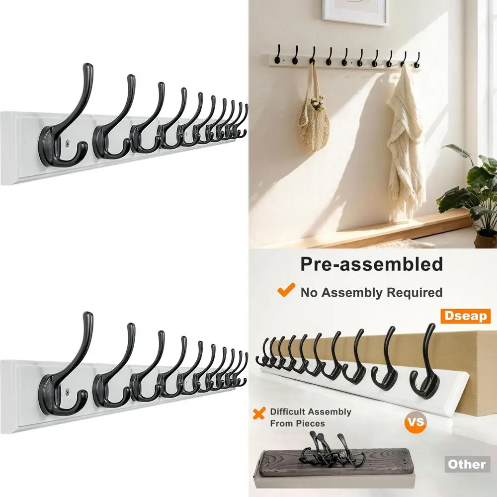 

Настенная вешалка для одежды с 10 крючками, длина 38,25 дюйма, расстояние между крючками 16 дюймов, деревянная, доступна в белом и черном цветах.