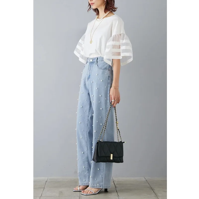 ゆったりとしたレディースファッションセット、フレアスリーブとパッチワークシフォンのトップスとパンツ、9点セット、2024年夏、ラウンドネック半袖