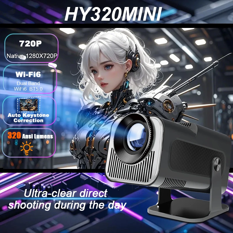HY-320Mini Portable nouvellement natif 720P Allwinner H713 Android11 4K projecteur 320ANSI Wifi6 BT5.0 cinéma projecteur rotatif extérieur