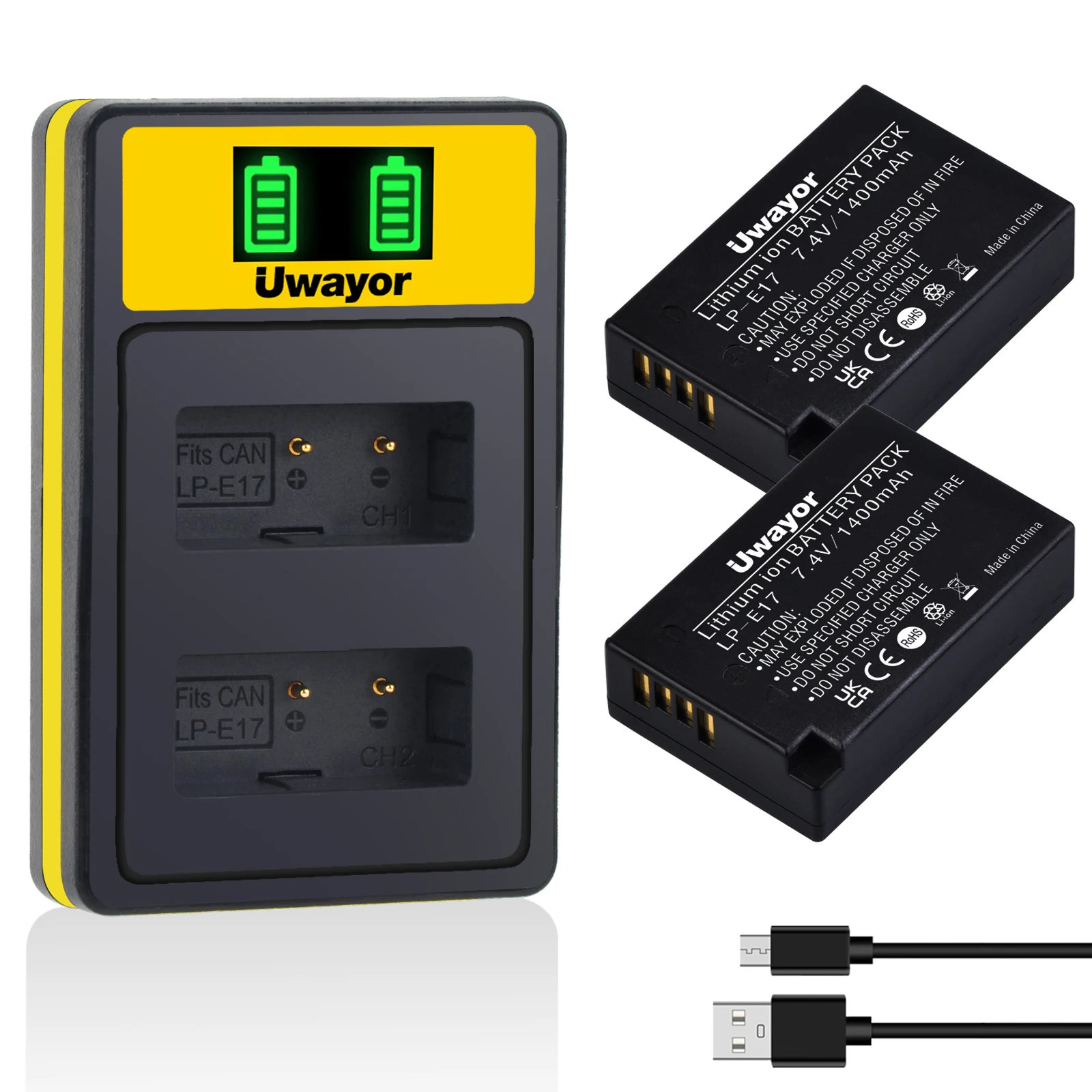 UWayor LP-E17 Battery and LCD Charger Compatible with Canon EOSRP R100 R50 R10 R8 Rebel T6i T7i T8i EOS M3 M5 200D 77D 750D 800D