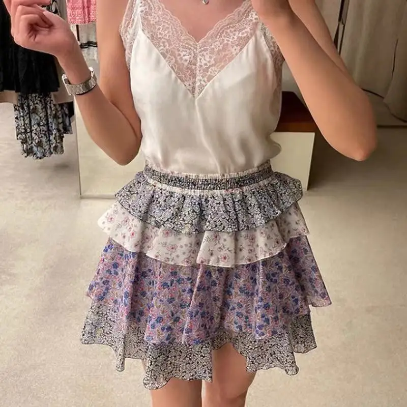 

Women's Skirt 2024 New Spring Summer Printed Splice Suffles High Waist Sweet Mini Jupe