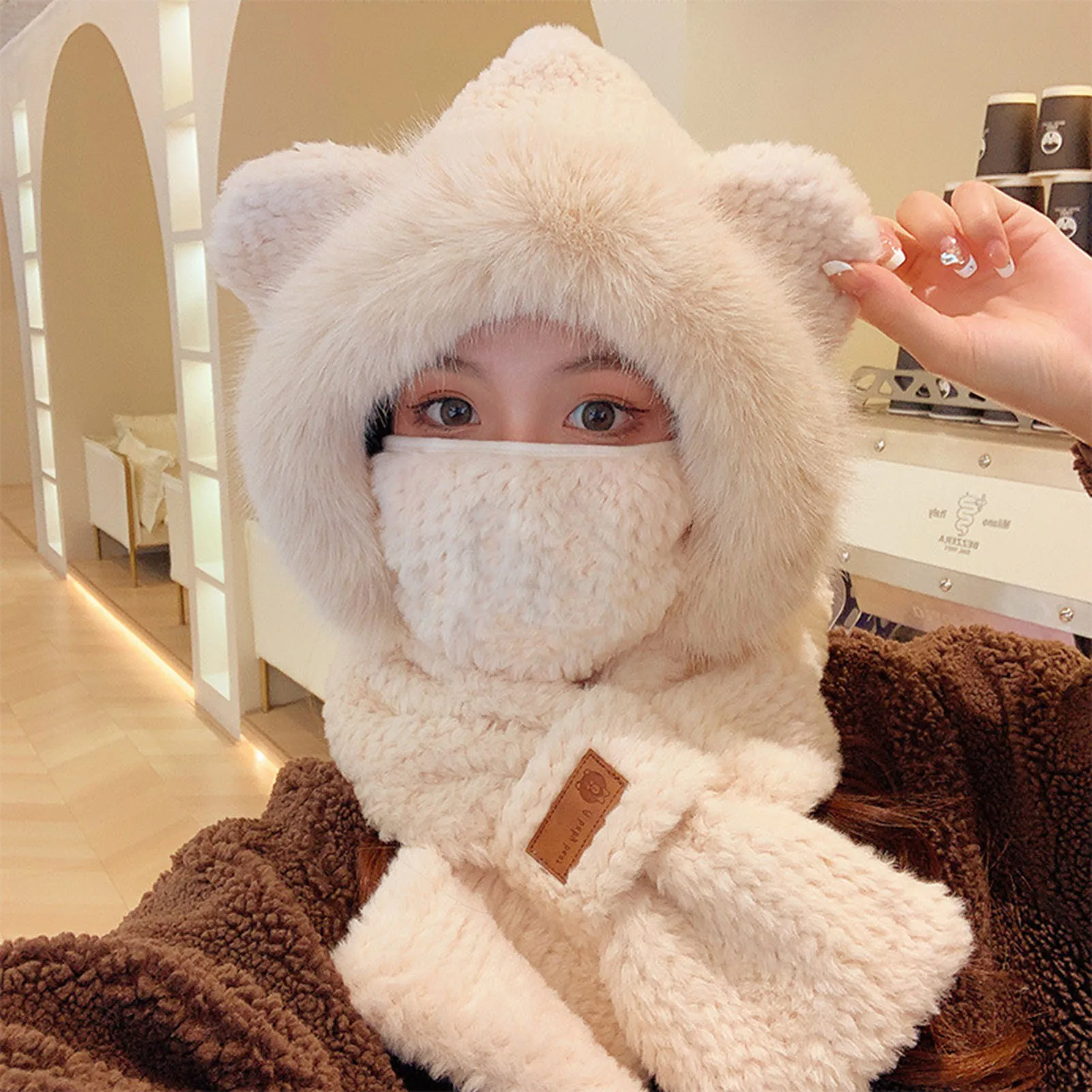 Cartoon Bear Ear Hat with Scarf Winter Cycling Warm Windproof Cute Hat Scarf for New Year Christmas Gift