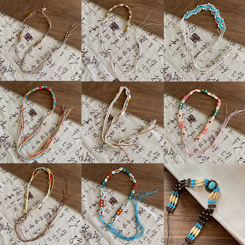 เรียบง่ายอเนกประสงค์ทอมือพู่ลูกปัดไม้เข็มขัดสไตล์ชาติพันธุ์เอวอุปกรณ์เสริมวันหยุดเอวcinchingเชือกเอว