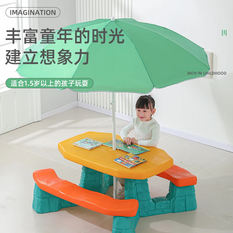 Kindergarten outdoor children's picnic table with umbrella, table and chair, plastic beach set, leisure detachable folding campi