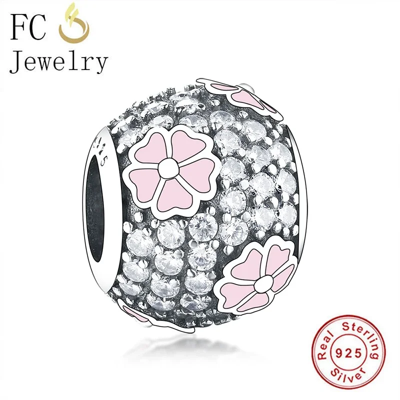 FC Jewelry Fit Original Charms Bracelet 925 Sterling Silver Pink Enamel Daisy Flower Pave Zircon Bead For Making Women Berloque