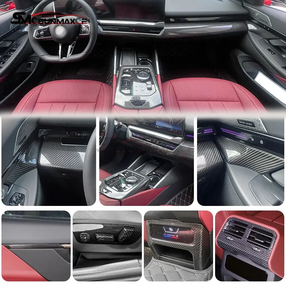 3 قطعة الداخلية ريال ألياف الكربون وحدة التحكم المركزية لوحة القيادة زخارف اللوحات غطاء ل 2024 BMW 5 سلسلة i5 M60 G60 G68