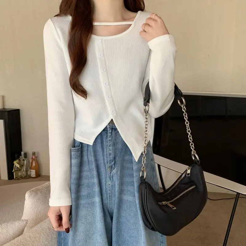 Stylish Irregular Button Pullovers Female Clothing Solid Color Spring Autumn Casual O-Neck Basic Long Sleeve Korean Slim T-shirt