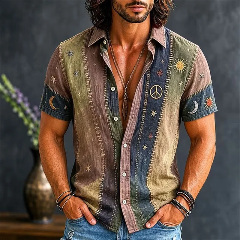 New light blue square checkered floral men's short sleeved shirt with retro ethnic style, pocket lapel, beach shirt