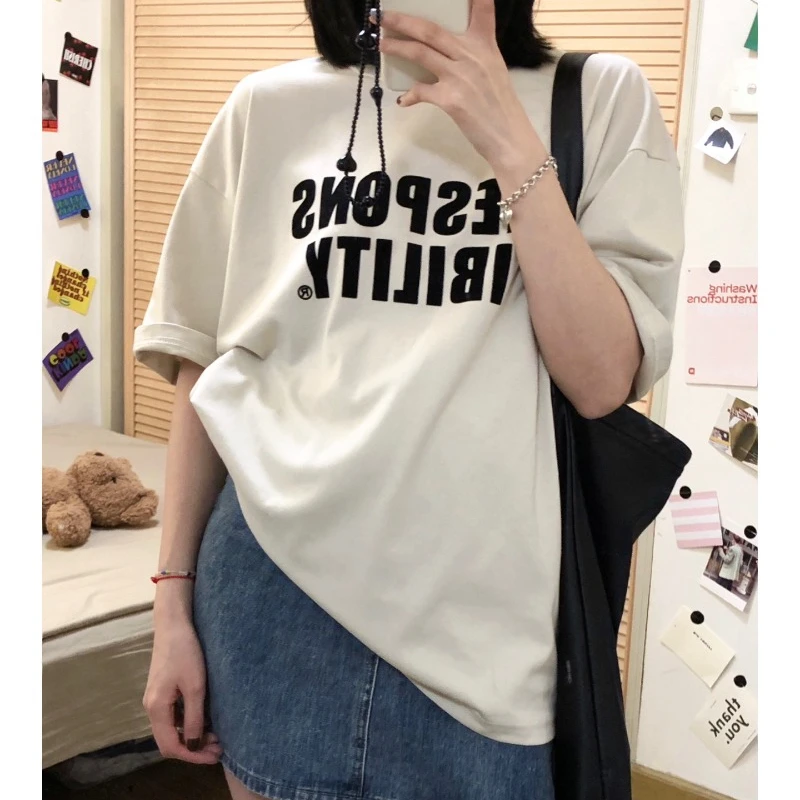 

2024 Summer New T-shirts Women Short Sleeve O-neck Letter Printed Loose Basics Tops Korean Style Casual Daily Blouse Female