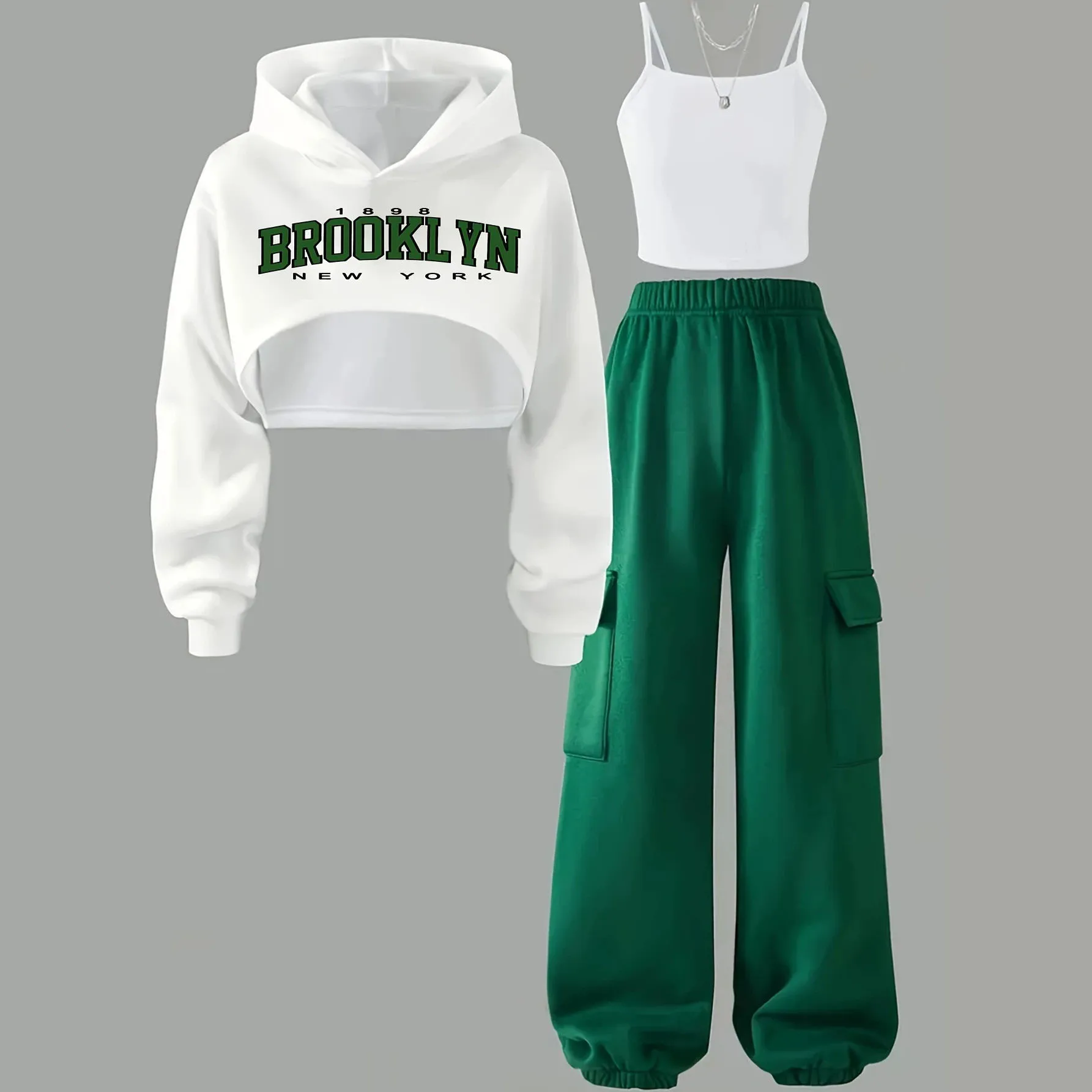 2026 Autumn Winter Girls Children Set Teenager Letters Crop Top Hooded + Ankle Cargo Pant Trouser Tracksuit 4 6 8 10 12 14 Year