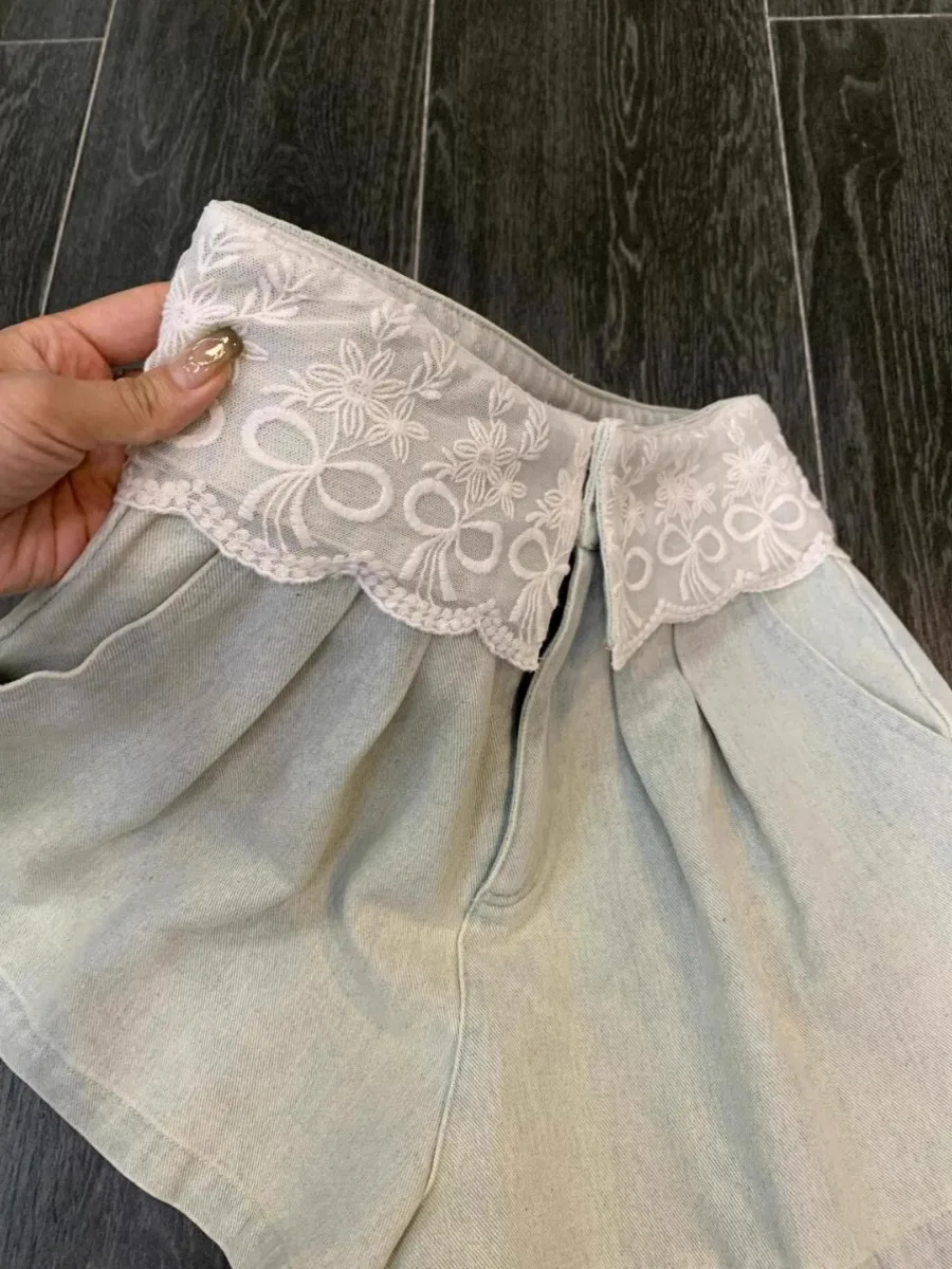 Women's Light Blue Denim Shorts Vintage 2000s Y2k Gyaru Lace Patchwork Micro Jeans Shorts Hot Cowboy Pants Shorts Skirt Summer