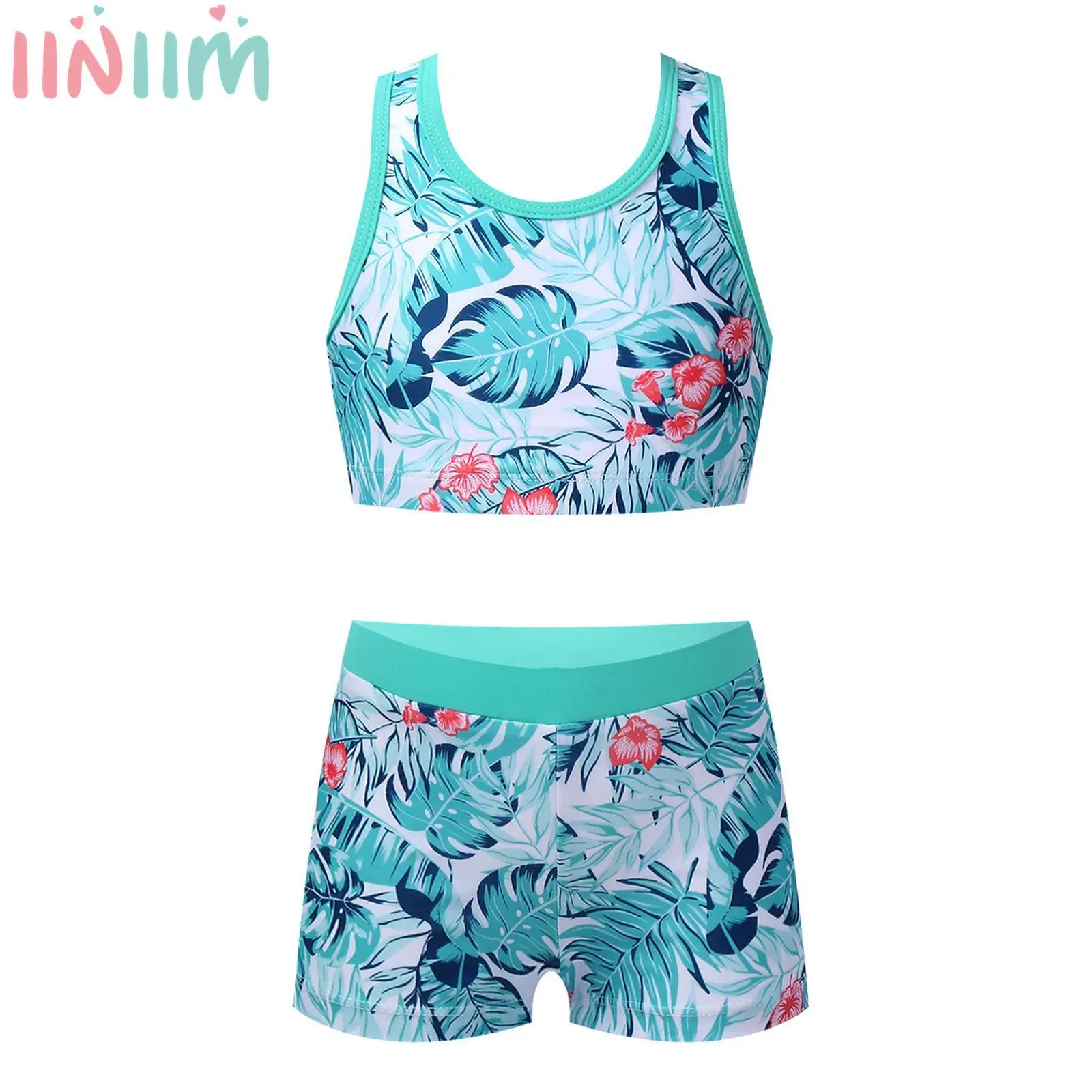 

Girls Two Pieces Swimsuits Y-Shaped Back Crop Top with Boyshorts Swim Bottoms Kids Summer Swimming Costume Gym Sports Swimwear