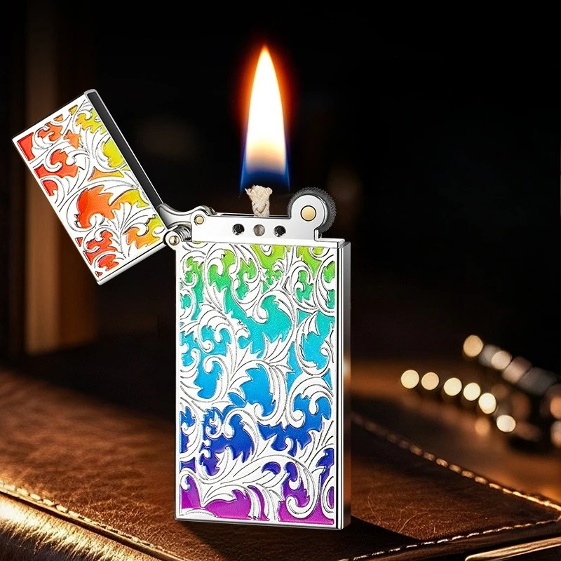 

Новая ультратонкая двусторонняя масляная зажигалка с тонкой резьбой, металл, зажигалка в стиле ретро с узором Tangcao, аксессуары для сигарет