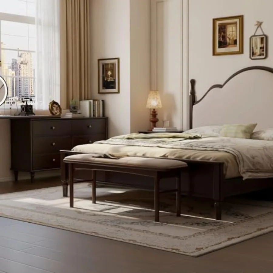 Champagne Leather Upholstered Dining Bench with Solid Oak Frame, Padded Bed End Ottoman for Kitchen, Living Room, Bedroom Entry