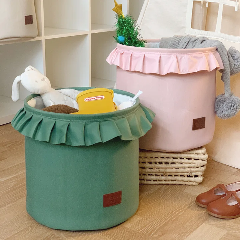 Lace thickened fabric storage basket Pink green yellow blue canvas storage bucket children's toy storage box