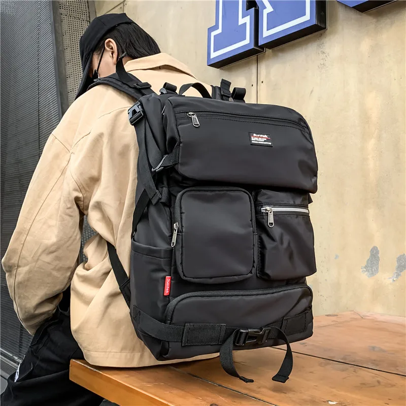 Streetwear Pocket Men Nylon Backpack Large Capacity Laptop School Teenager Backpack Causal Black Commuter Travel Men Backpack